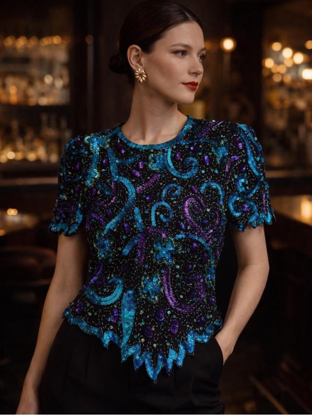 Sz L ~ Vintage 80s Blue Laurence
Kazar Beaded Blouse Size L
100% Silk